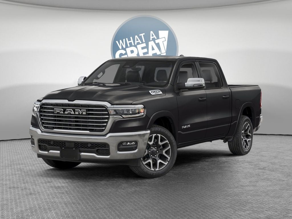 2026 RAM 1500 RAM 1500 LARAMIE CREW CAB 4X4 5'7' BOX in Diamond Black Crystal Pearl-Coat Exterior Paint — front three-quarter view