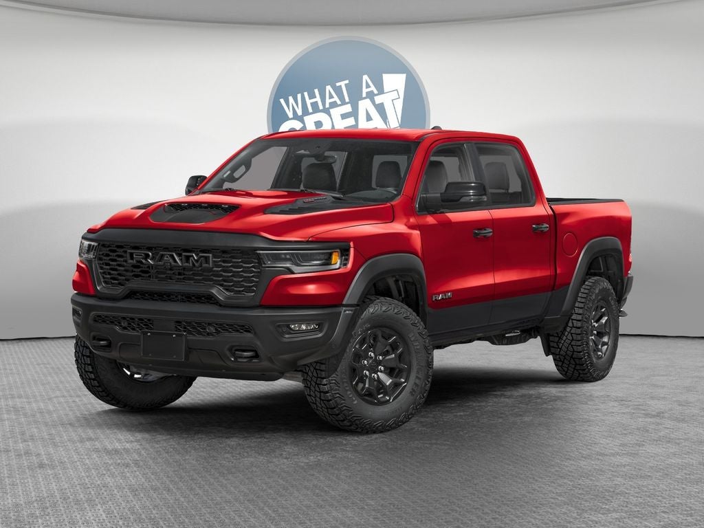 2026 RAM 1500 RAM 1500 RHO CREW CAB 4X4 5'7' BOX in Molten Red Pearl-Coat Exterior Paint — front three-quarter view
